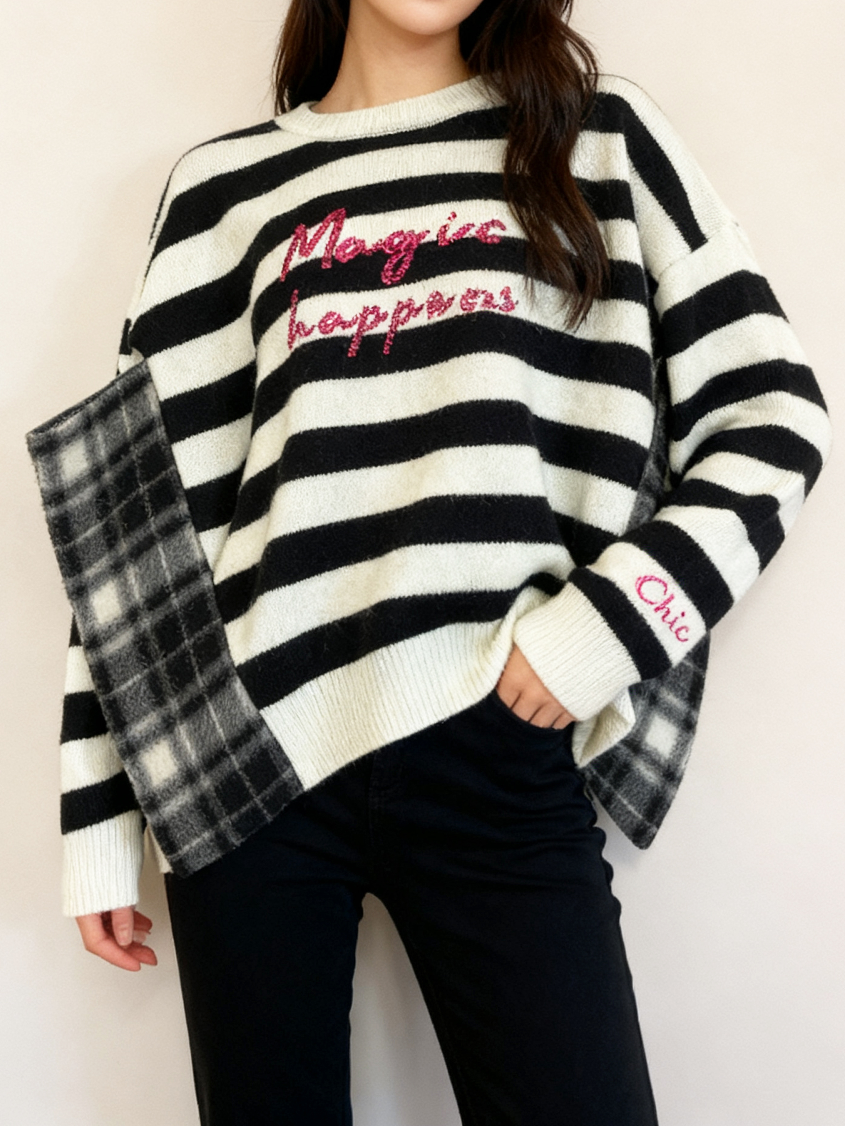 【Hommage】ボーダー×チェック・アシンメトリーアートニット