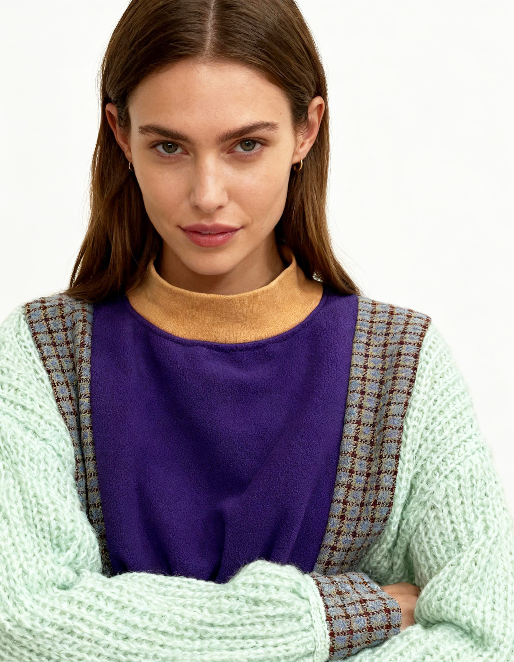 【Hommage】カラーブロック×異素材スリーブ・アートトップス