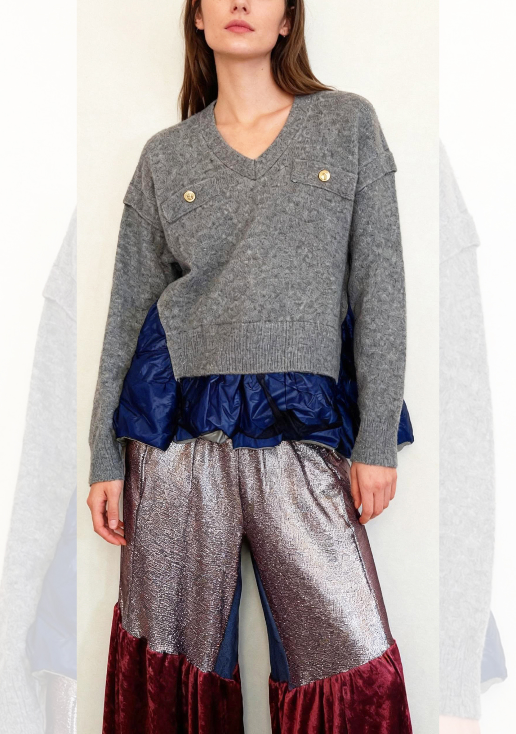 【Hommage】ミリタリーポケット×異素材フリル・アートニットトップス