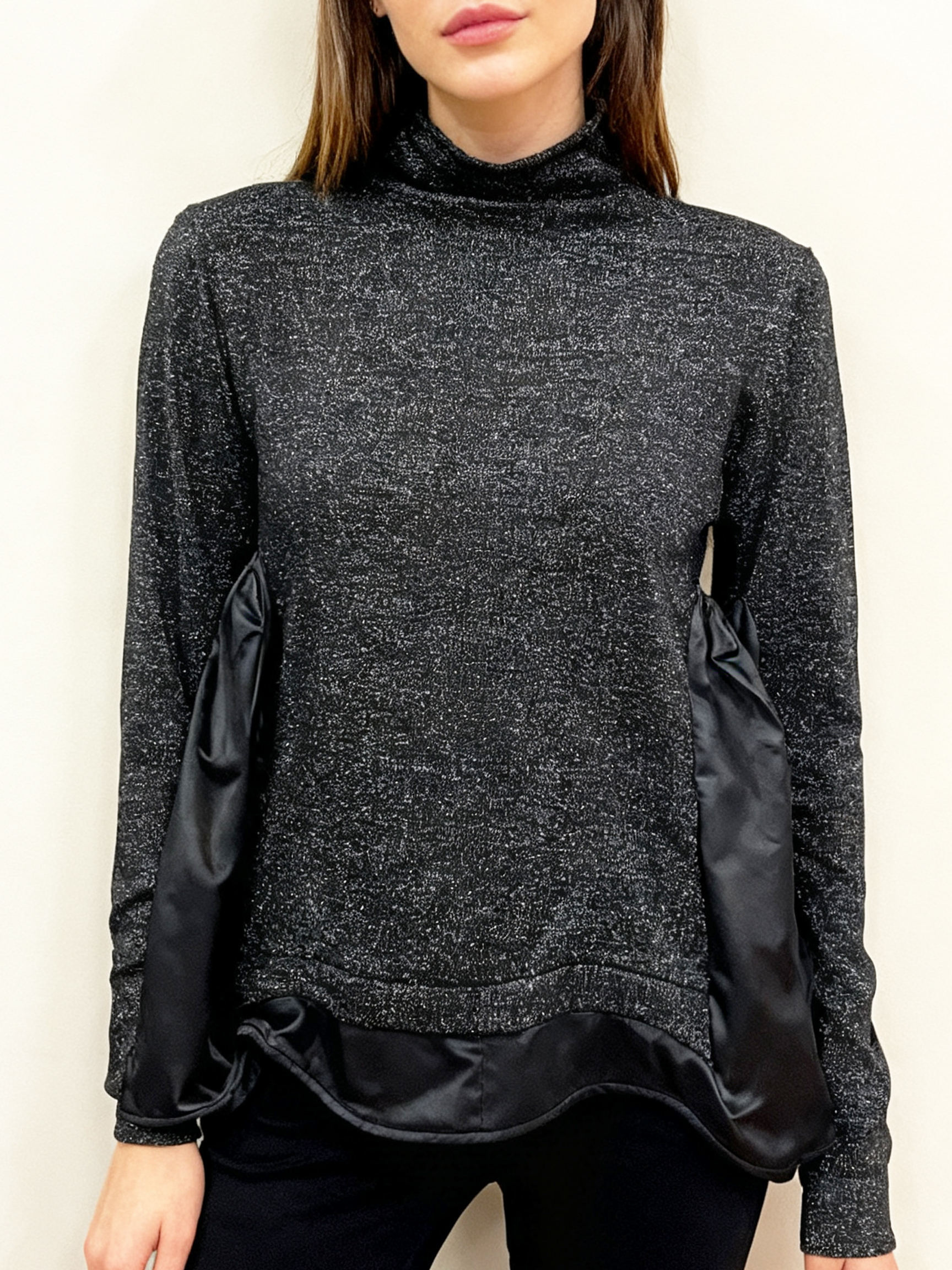 【Hommage】シルキーサイドギャザー・ハイネックトップス