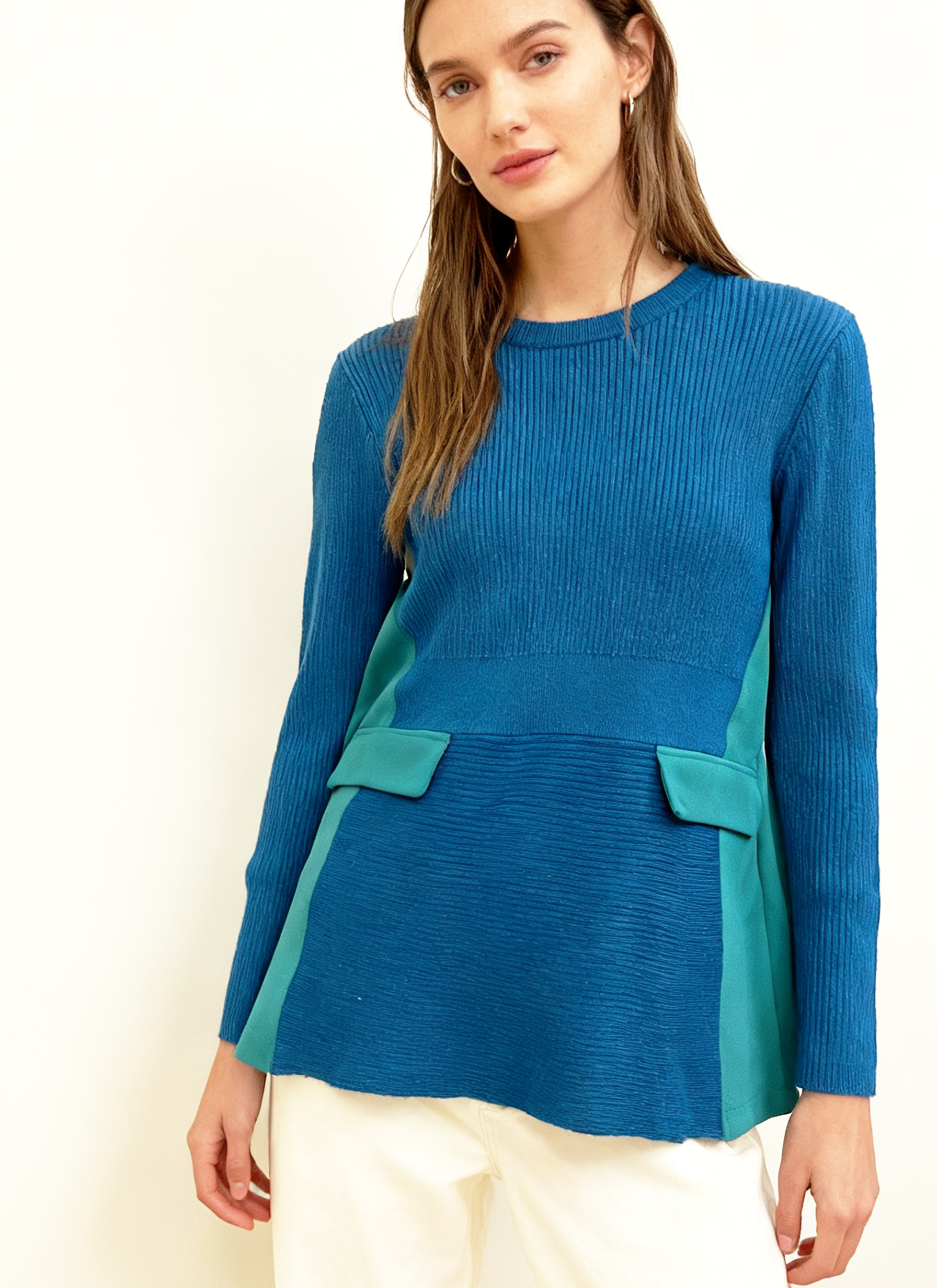 【Hommage】ブルートーン・異素材コンビニットトップス