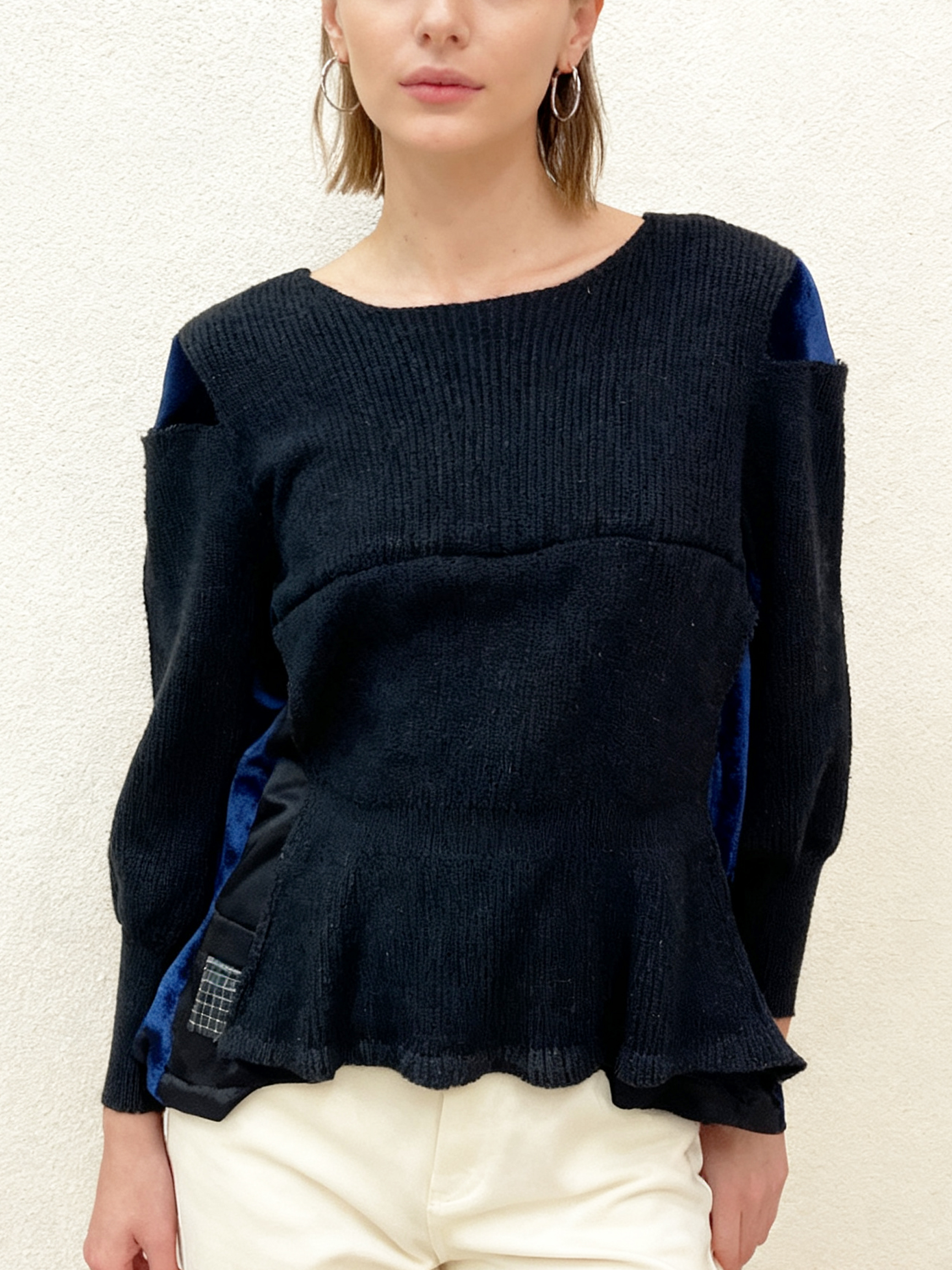 【Hommage】ベルベット切替・アシンメトリーニットトップス