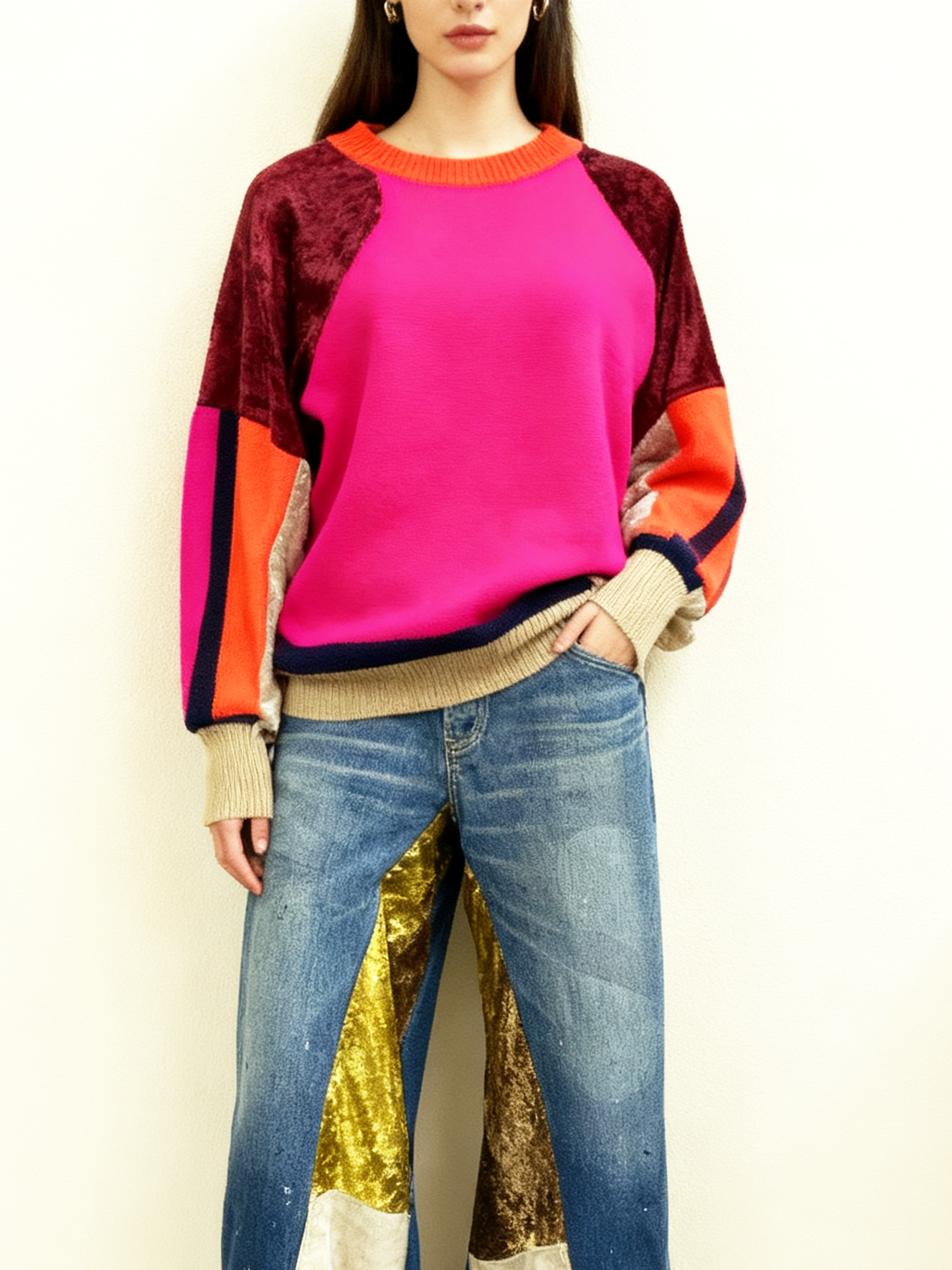 【Hommage】ビビッドカラーブロック・アートニットトップス