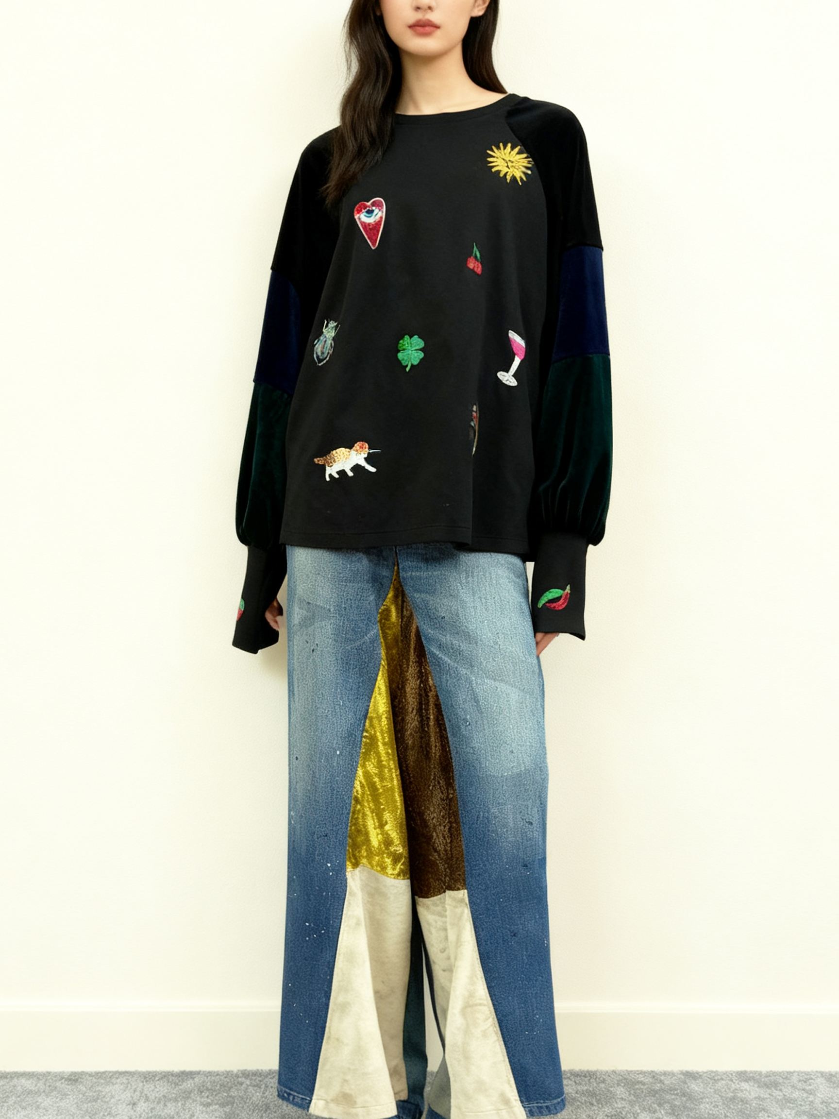 【Hommage】モチーフ刺繍×ベルベットスリーブ・アートトップス