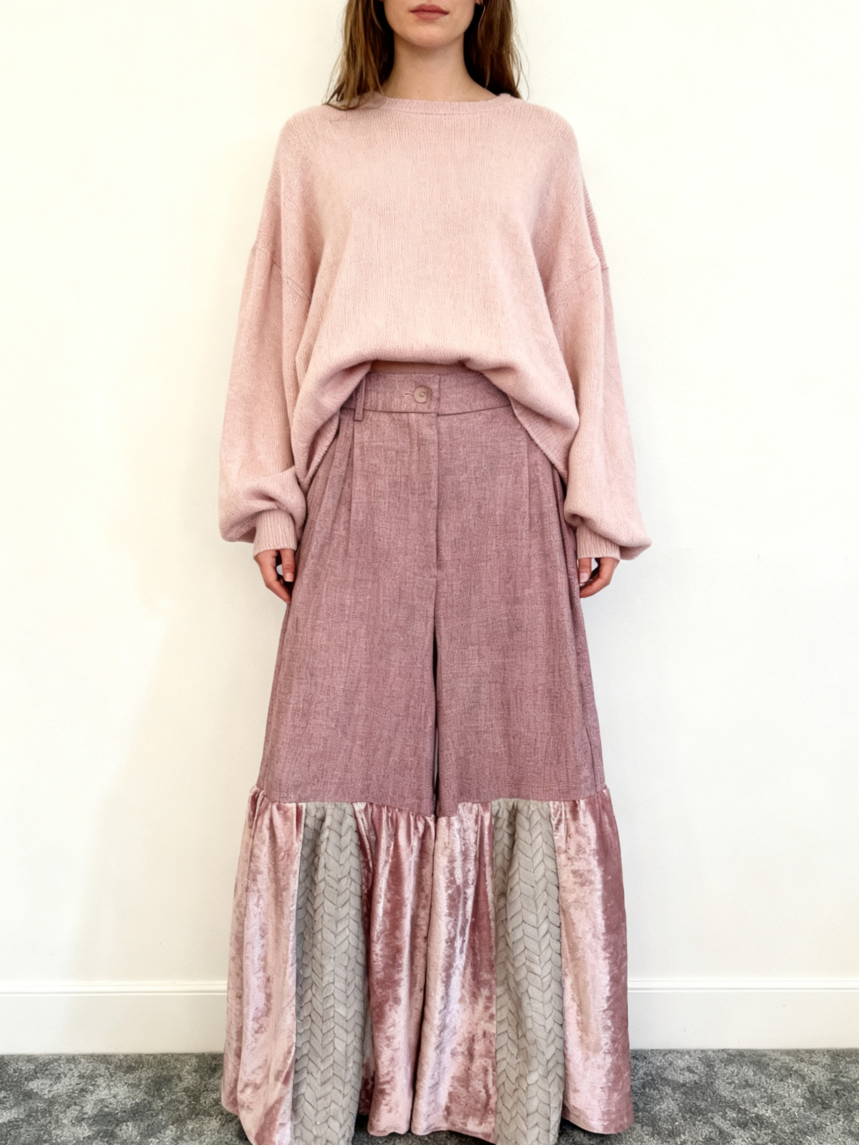 【Hommage】ピンクベロア × テクスチャーパネル・ワイドパンツ