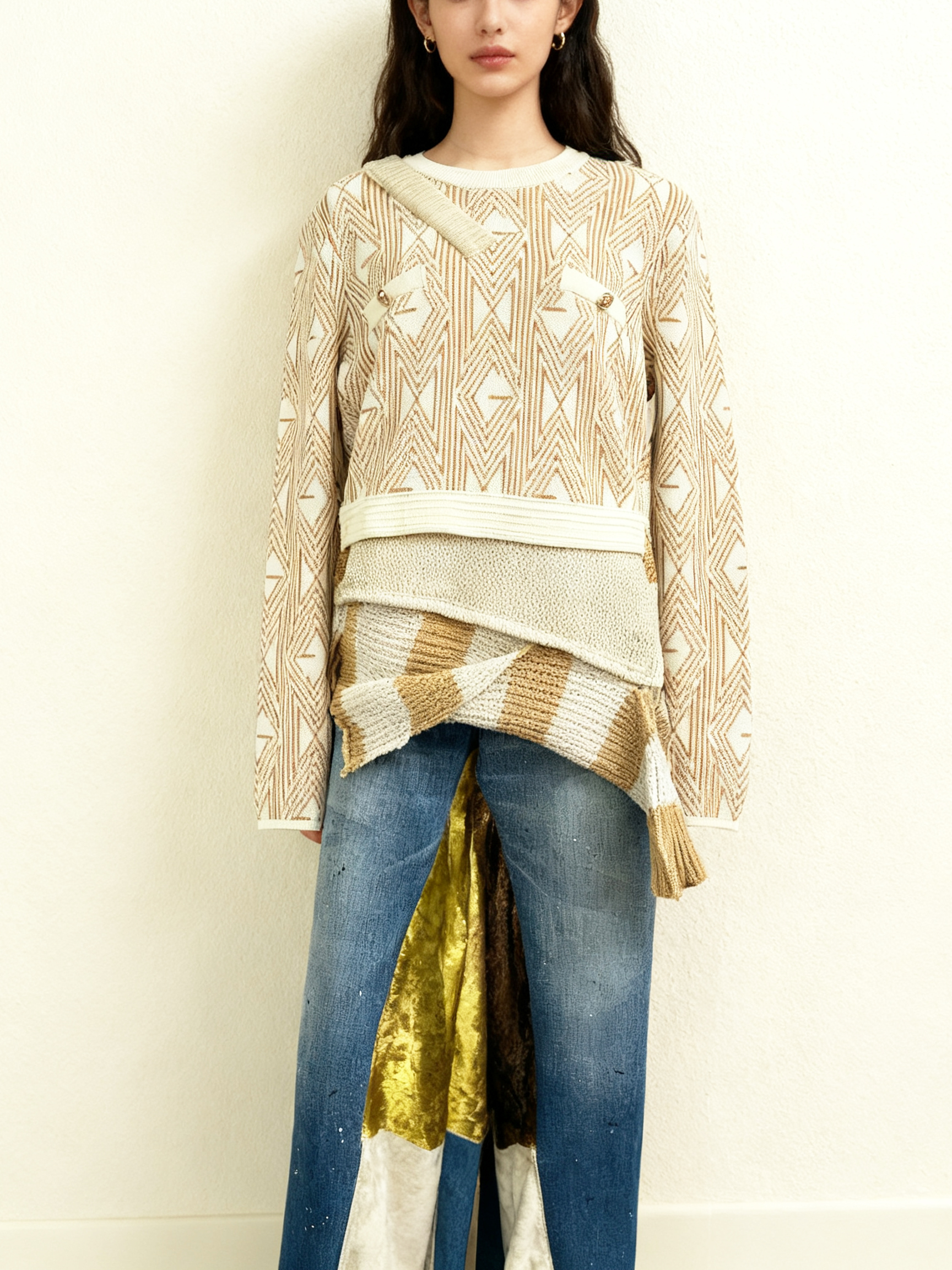 【Hommage】アートジオメトリー・レイヤードニットトップス